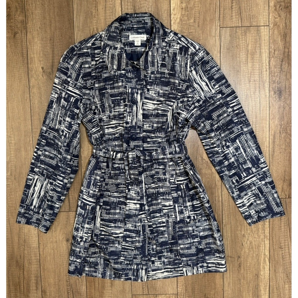 Coldwater Creek Trench Coat Blue/Cream Abstract Belted Mid Length Sz M (10-12) - Picture 12 of 16